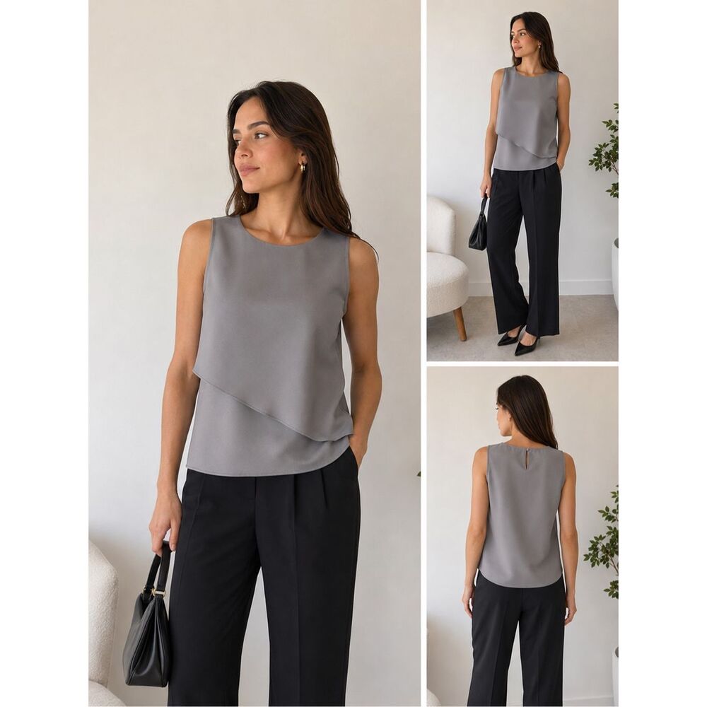 Gallery Silver Layered Sleeveless Blouse Women’s Size US 6 Office Career Top
